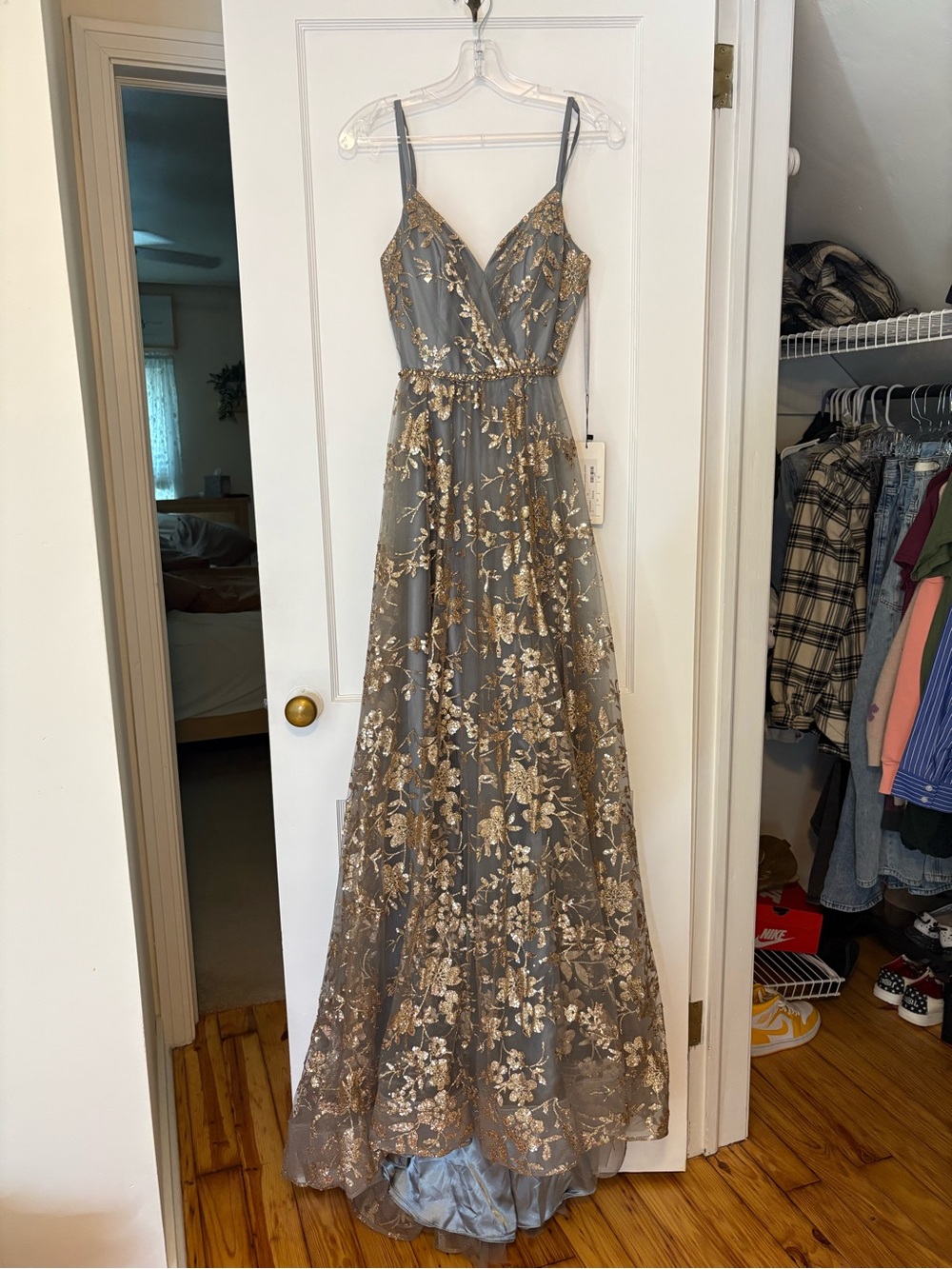 Clarisse Gray Gown with Gold Floral Appliqué